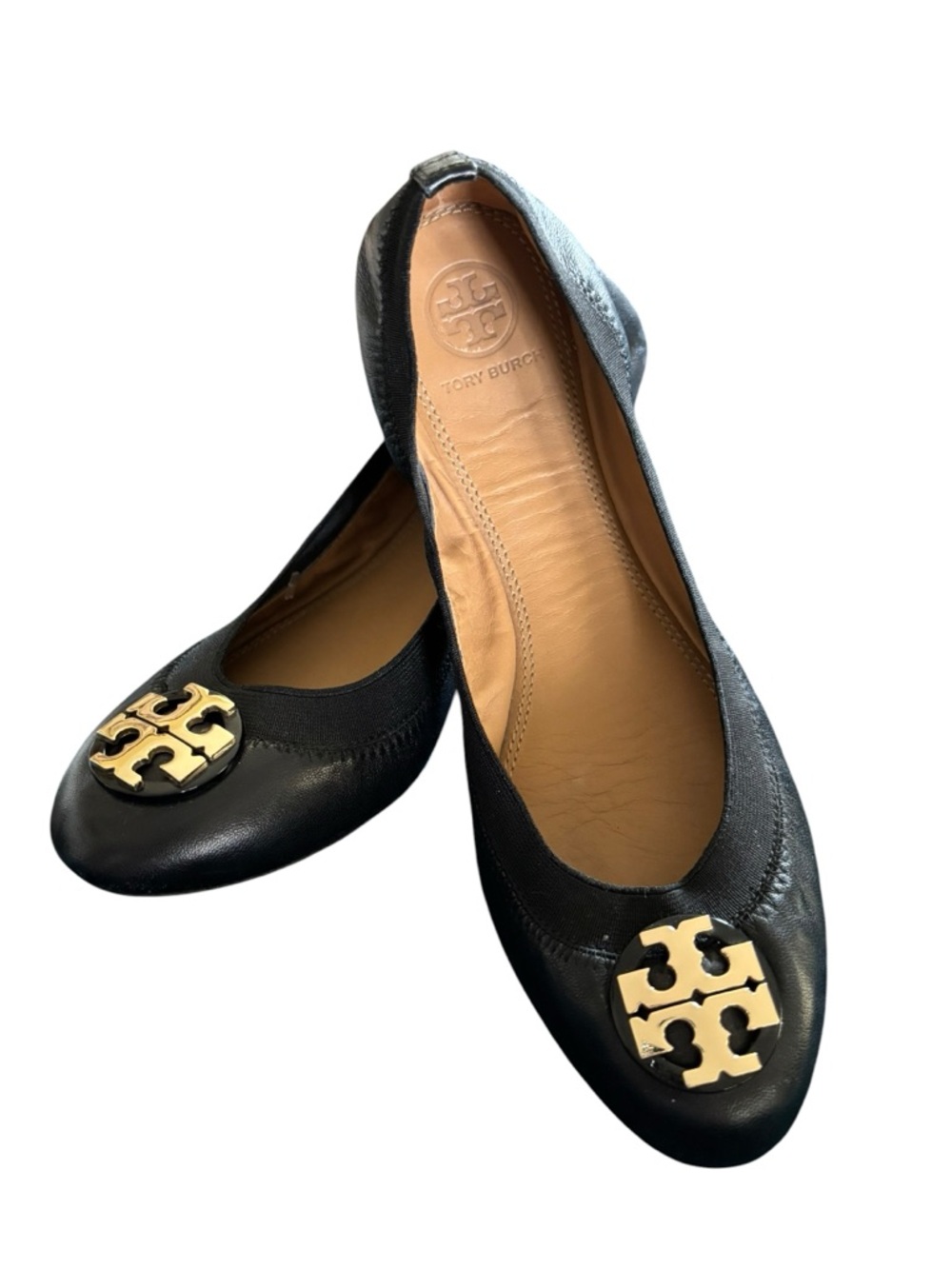 Tory Burch Elastic Ballet Flats Sz 7 Black Leather/Sole Gold Logo Medallion